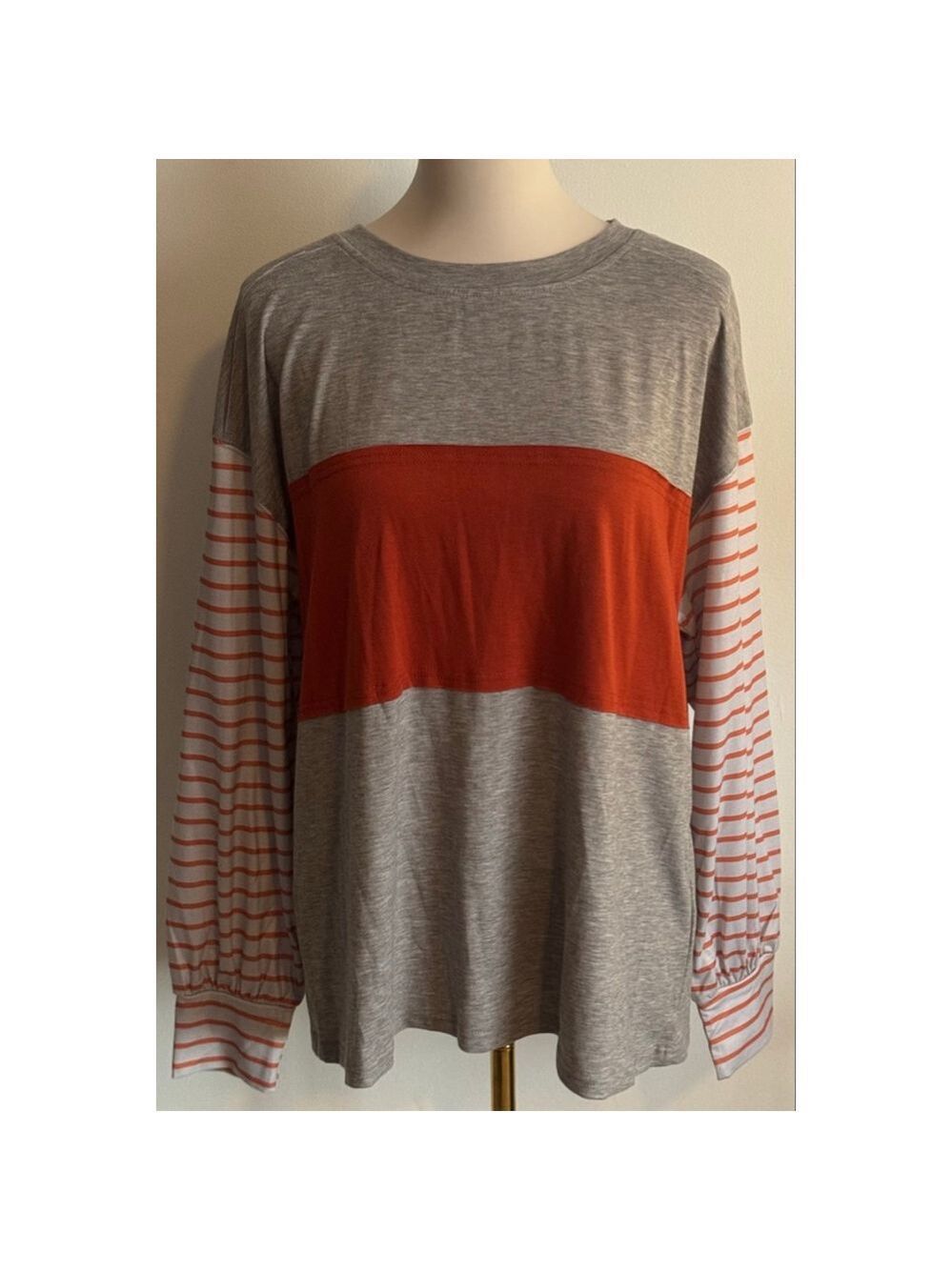 Women's Unbranded Long Sleeve Tee M Gray Orange Striped